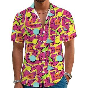 Mens 80s 90s Retro Geometric Neon Button Down Shirt Short Sleeve 3XL NEW XXXL